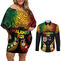 Personalised Malampa Fiji Day Couples Matching Off Shoulder Short Dress and Long Sleeve Button Shirt Polynesian Tattoo and Plumeria Reggae Color LT03 Reggae - Polynesian Pride