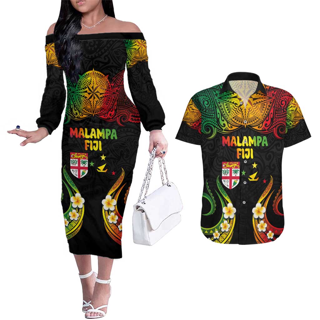 Personalised Malampa Fiji Day Couples Matching Off The Shoulder Long Sleeve Dress and Hawaiian Shirt Polynesian Tattoo and Plumeria Reggae Color LT03 Reggae - Polynesian Pride