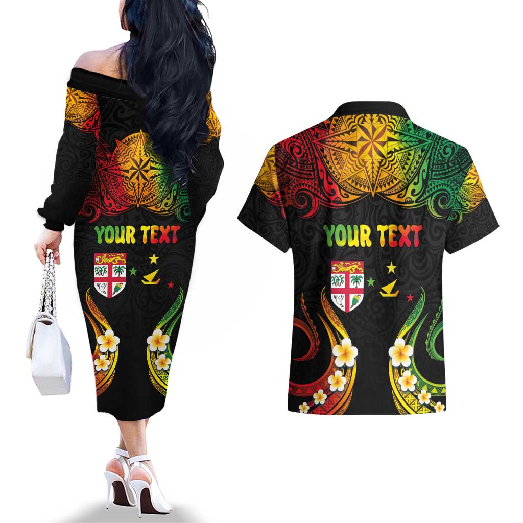 Personalised Malampa Fiji Day Couples Matching Off The Shoulder Long Sleeve Dress and Hawaiian Shirt Polynesian Tattoo and Plumeria Reggae Color LT03 - Polynesian Pride