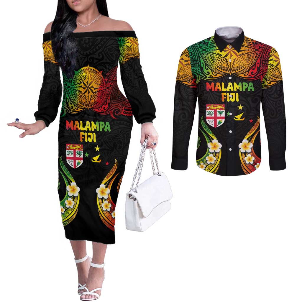Personalised Malampa Fiji Day Couples Matching Off The Shoulder Long Sleeve Dress and Long Sleeve Button Shirt Polynesian Tattoo and Plumeria Reggae Color LT03 Reggae - Polynesian Pride