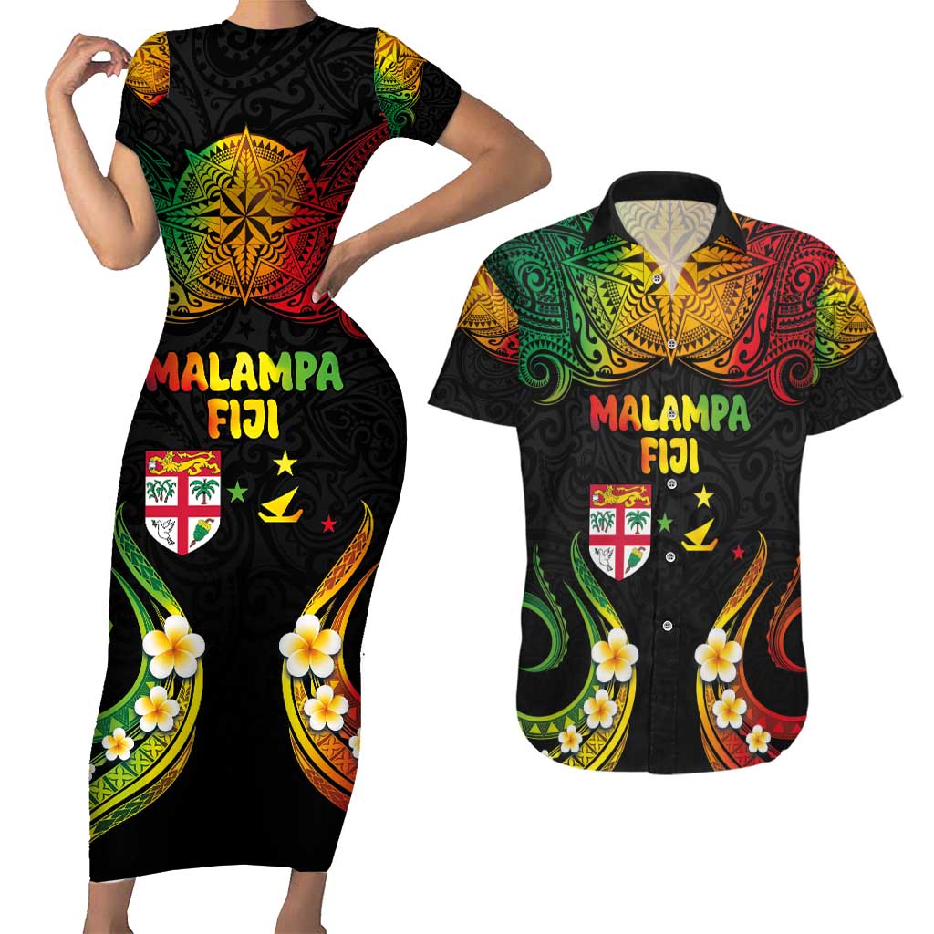Personalised Malampa Fiji Day Couples Matching Short Sleeve Bodycon Dress and Hawaiian Shirt Polynesian Tattoo and Plumeria Reggae Color LT03 Reggae - Polynesian Pride