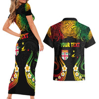 Personalised Malampa Fiji Day Couples Matching Short Sleeve Bodycon Dress and Hawaiian Shirt Polynesian Tattoo and Plumeria Reggae Color LT03 - Polynesian Pride