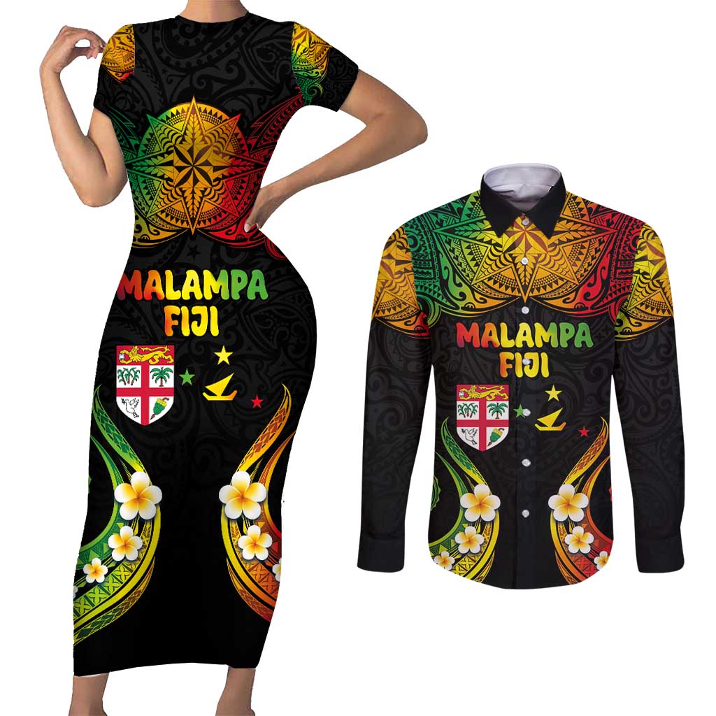 Personalised Malampa Fiji Day Couples Matching Short Sleeve Bodycon Dress and Long Sleeve Button Shirt Polynesian Tattoo and Plumeria Reggae Color LT03 Reggae - Polynesian Pride