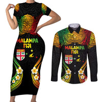 Personalised Malampa Fiji Day Couples Matching Short Sleeve Bodycon Dress and Long Sleeve Button Shirt Polynesian Tattoo and Plumeria Reggae Color LT03 Reggae - Polynesian Pride