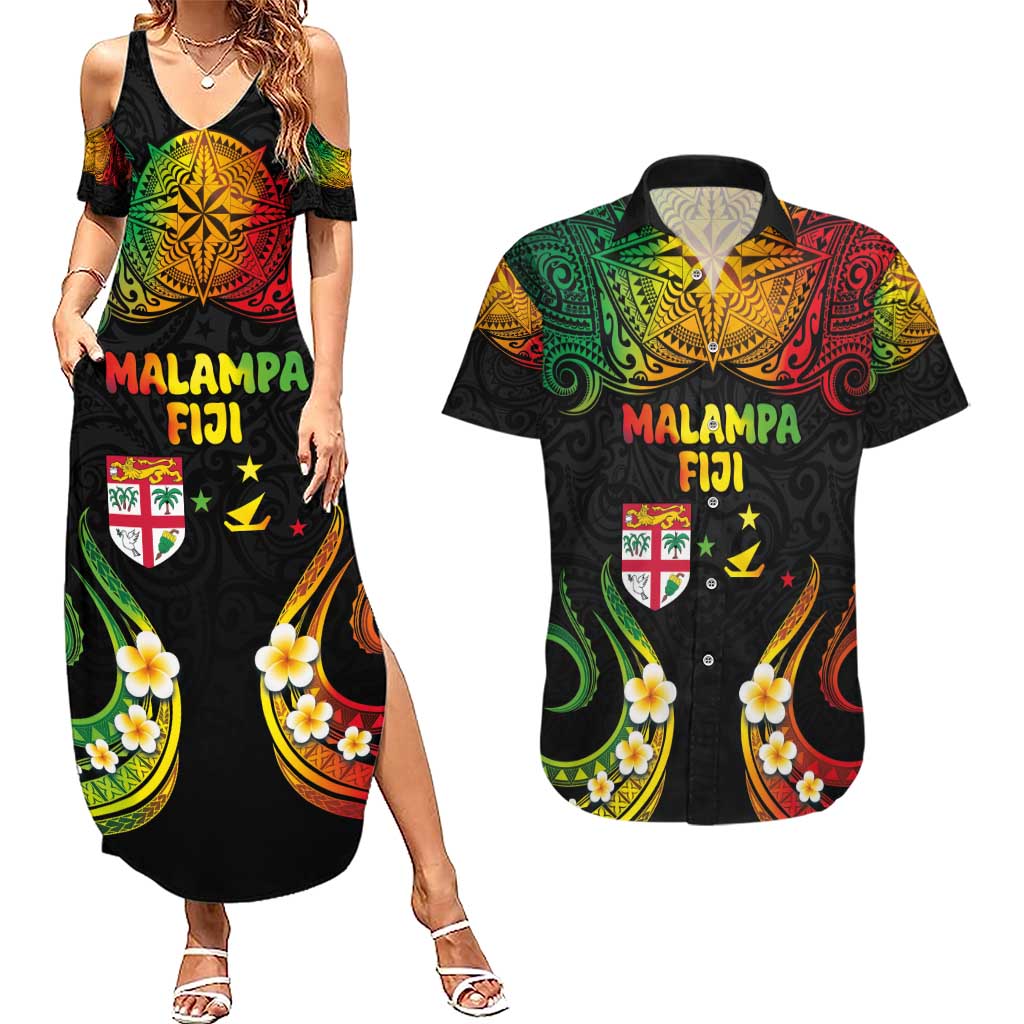 Personalised Malampa Fiji Day Couples Matching Summer Maxi Dress and Hawaiian Shirt Polynesian Tattoo and Plumeria Reggae Color LT03 Reggae - Polynesian Pride