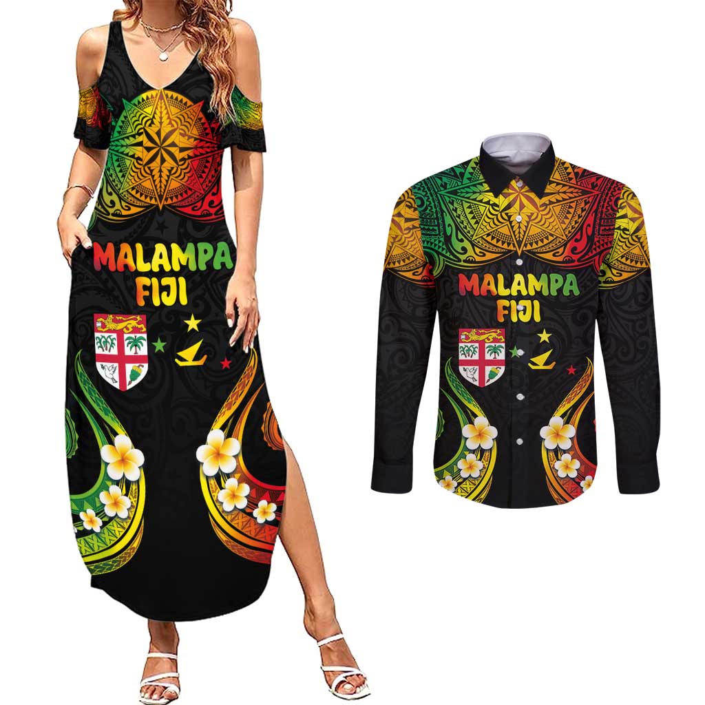 Personalised Malampa Fiji Day Couples Matching Summer Maxi Dress and Long Sleeve Button Shirt Polynesian Tattoo and Plumeria Reggae Color LT03 Reggae - Polynesian Pride