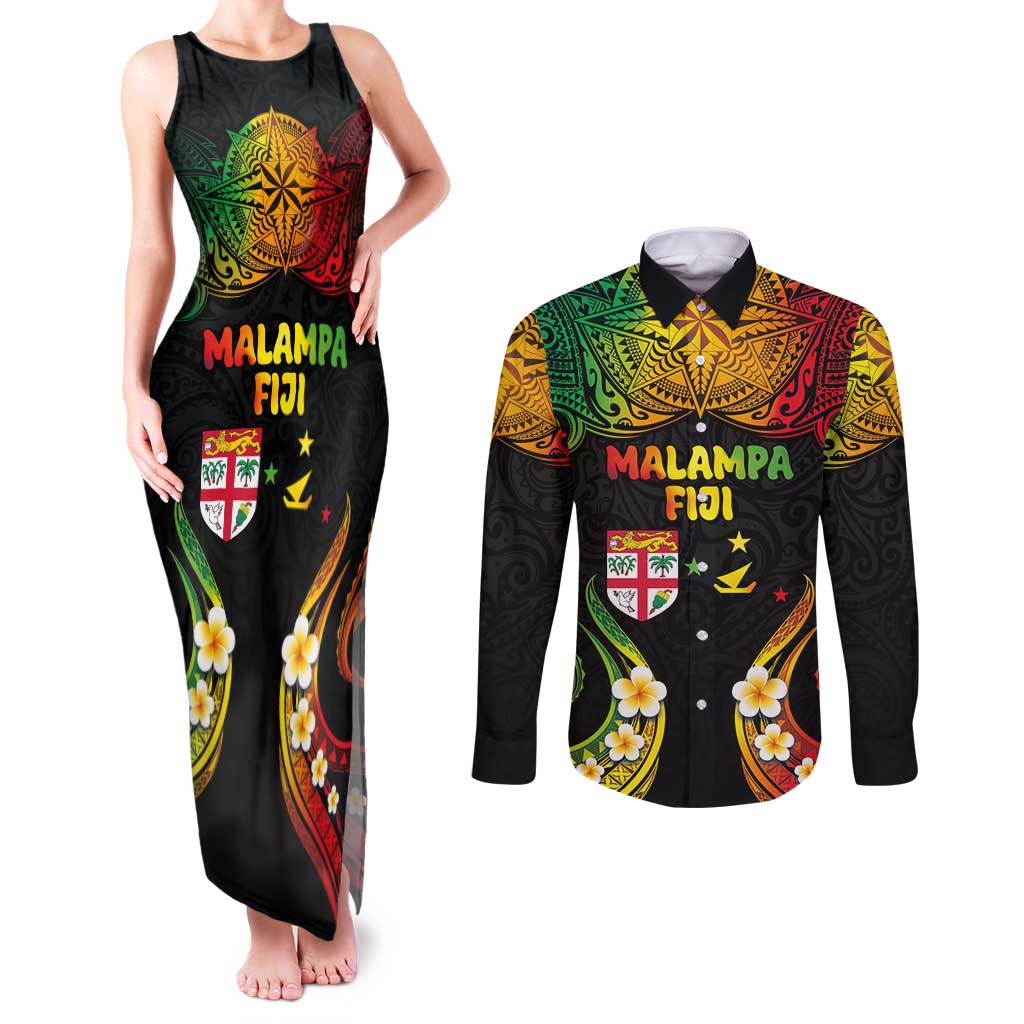 Personalised Malampa Fiji Day Couples Matching Tank Maxi Dress and Long Sleeve Button Shirt Polynesian Tattoo and Plumeria Reggae Color LT03 Reggae - Polynesian Pride