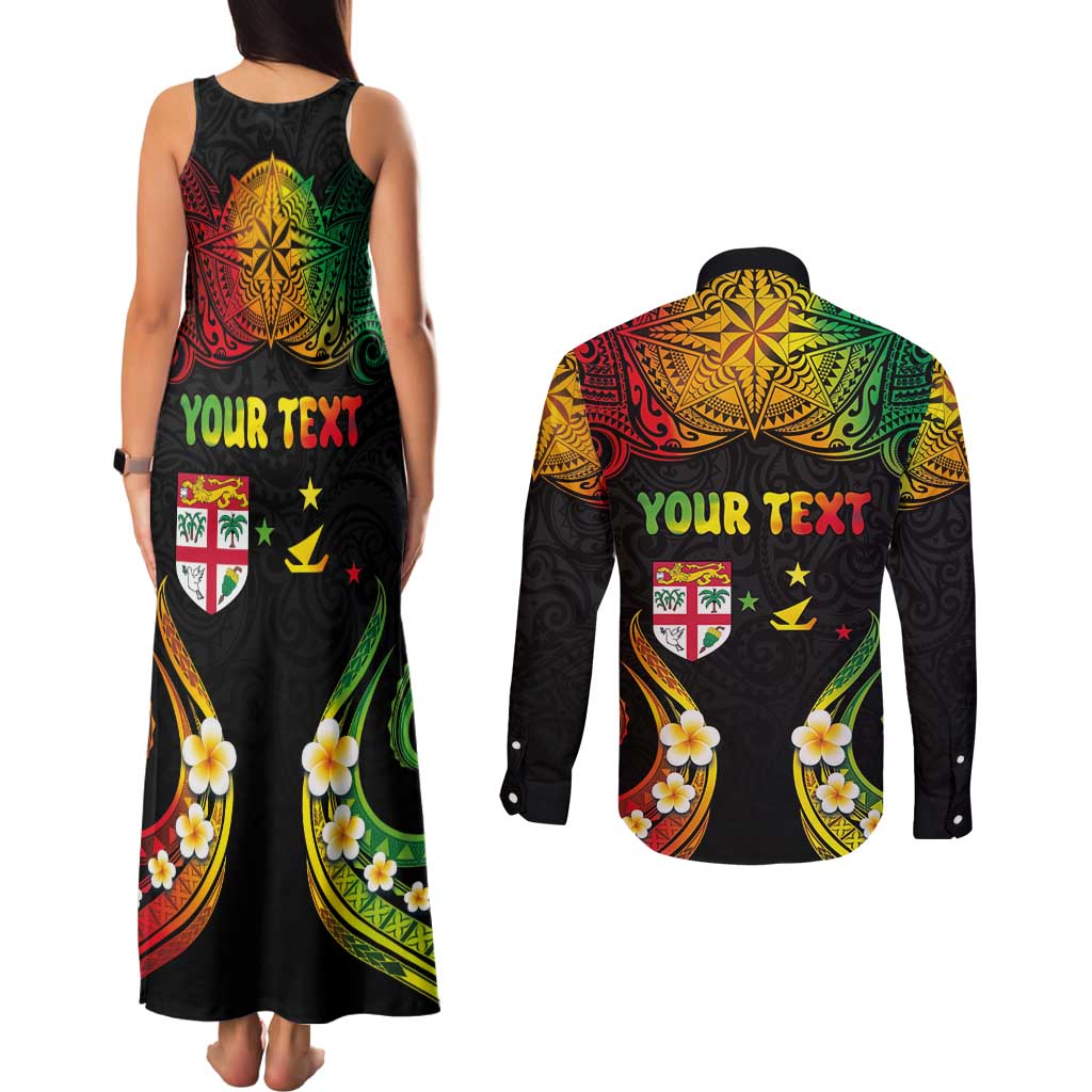 Personalised Malampa Fiji Day Couples Matching Tank Maxi Dress and Long Sleeve Button Shirt Polynesian Tattoo and Plumeria Reggae Color LT03 - Polynesian Pride