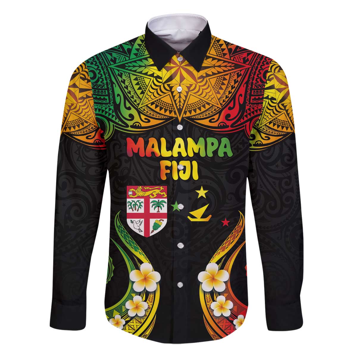 Personalised Malampa Fiji Day Family Matching Off The Shoulder Long Sleeve Dress and Hawaiian Shirt Polynesian Tattoo and Plumeria Reggae Color LT03 Dad's Shirt - Long Sleeve Reggae - Polynesian Pride