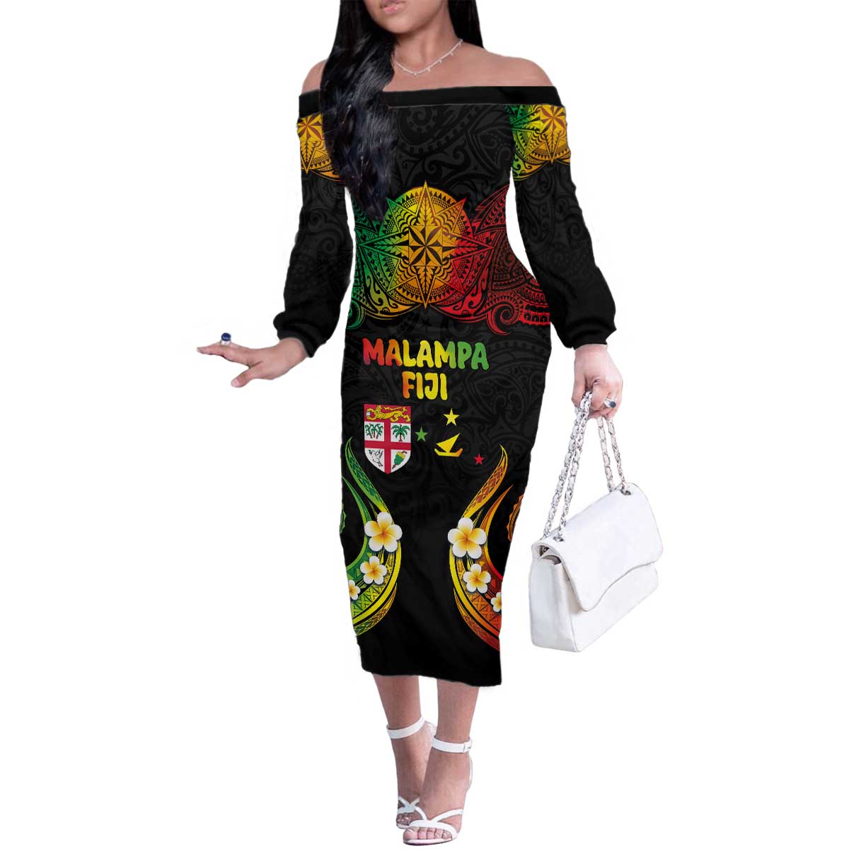 Personalised Malampa Fiji Day Family Matching Off The Shoulder Long Sleeve Dress and Hawaiian Shirt Polynesian Tattoo and Plumeria Reggae Color LT03 Mom's Dress Reggae - Polynesian Pride