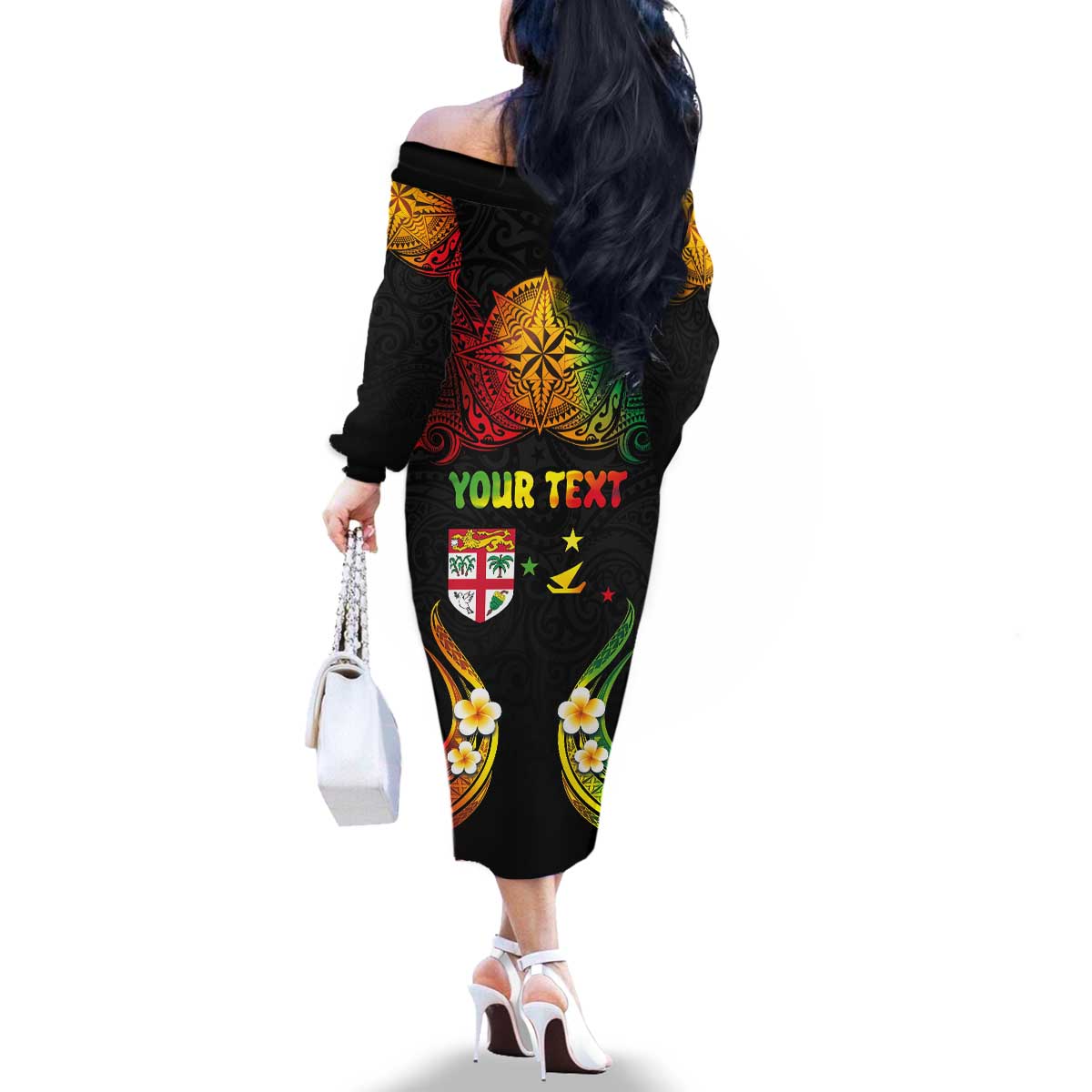 Personalised Malampa Fiji Day Family Matching Off The Shoulder Long Sleeve Dress and Hawaiian Shirt Polynesian Tattoo and Plumeria Reggae Color LT03 - Polynesian Pride