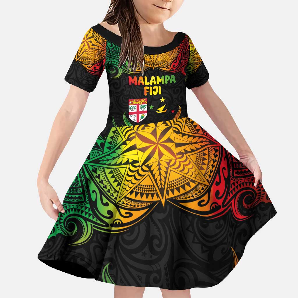 Personalised Malampa Fiji Day Family Matching Off Shoulder Maxi Dress and Hawaiian Shirt Polynesian Tattoo and Plumeria Reggae Color LT03 Daughter's Dress Reggae - Polynesian Pride