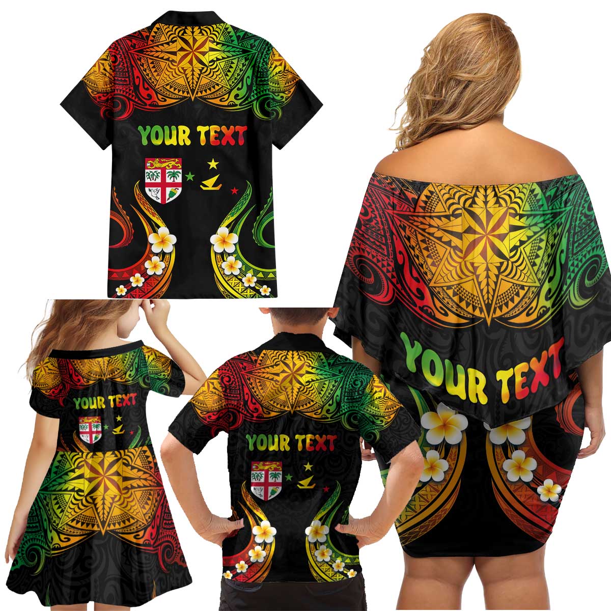 Personalised Malampa Fiji Day Family Matching Off Shoulder Short Dress and Hawaiian Shirt Polynesian Tattoo and Plumeria Reggae Color LT03 - Polynesian Pride