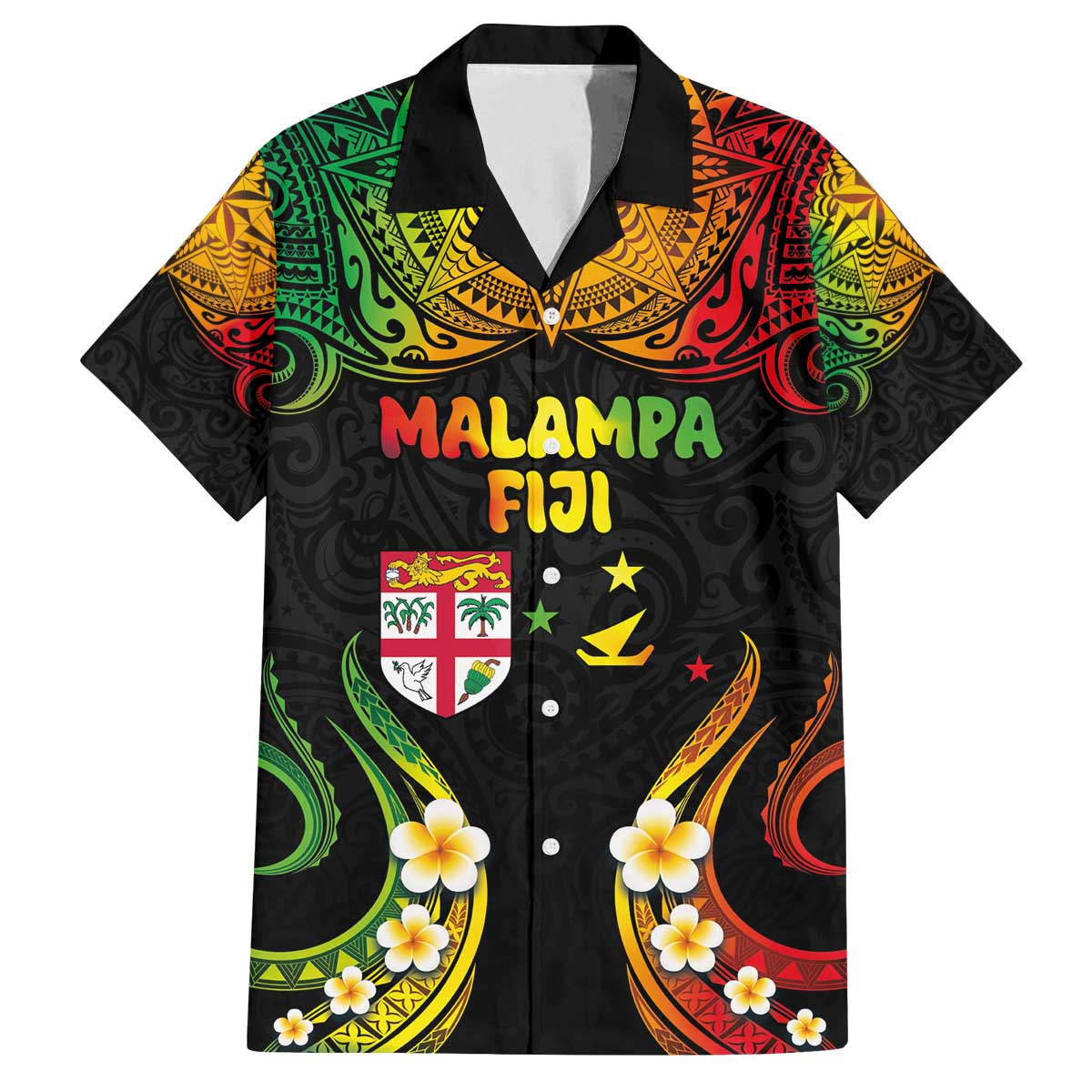 Personalised Malampa Fiji Day Family Matching Off Shoulder Short Dress and Hawaiian Shirt Polynesian Tattoo and Plumeria Reggae Color LT03 Dad's Shirt - Short Sleeve Reggae - Polynesian Pride