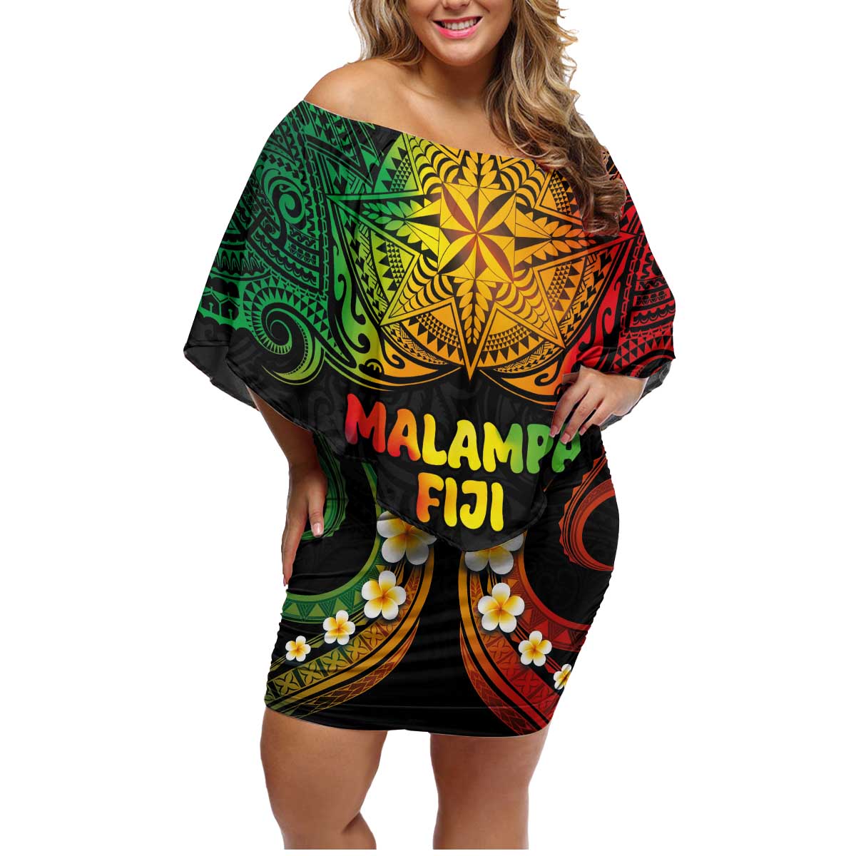 Personalised Malampa Fiji Day Family Matching Off Shoulder Short Dress and Hawaiian Shirt Polynesian Tattoo and Plumeria Reggae Color LT03 Mom's Dress Reggae - Polynesian Pride