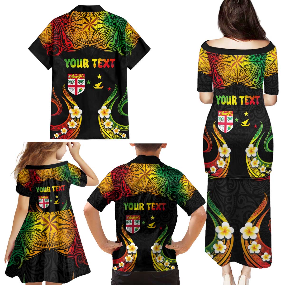 Personalised Malampa Fiji Day Family Matching Puletasi and Hawaiian Shirt Polynesian Tattoo and Plumeria Reggae Color LT03 - Polynesian Pride