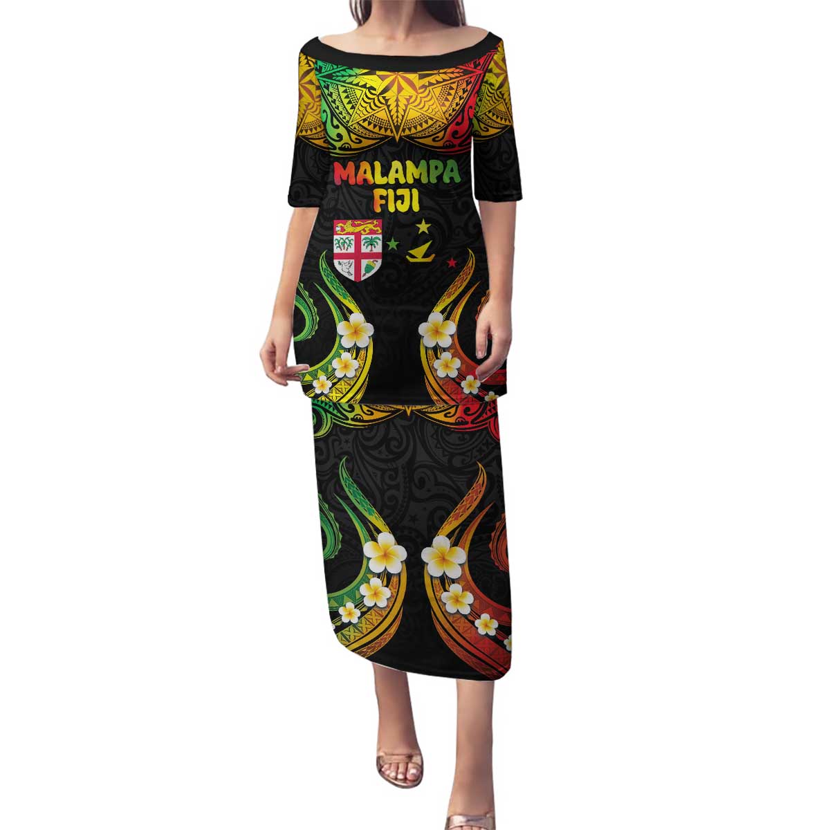 Personalised Malampa Fiji Day Family Matching Puletasi and Hawaiian Shirt Polynesian Tattoo and Plumeria Reggae Color LT03 Mom's Dress Reggae - Polynesian Pride