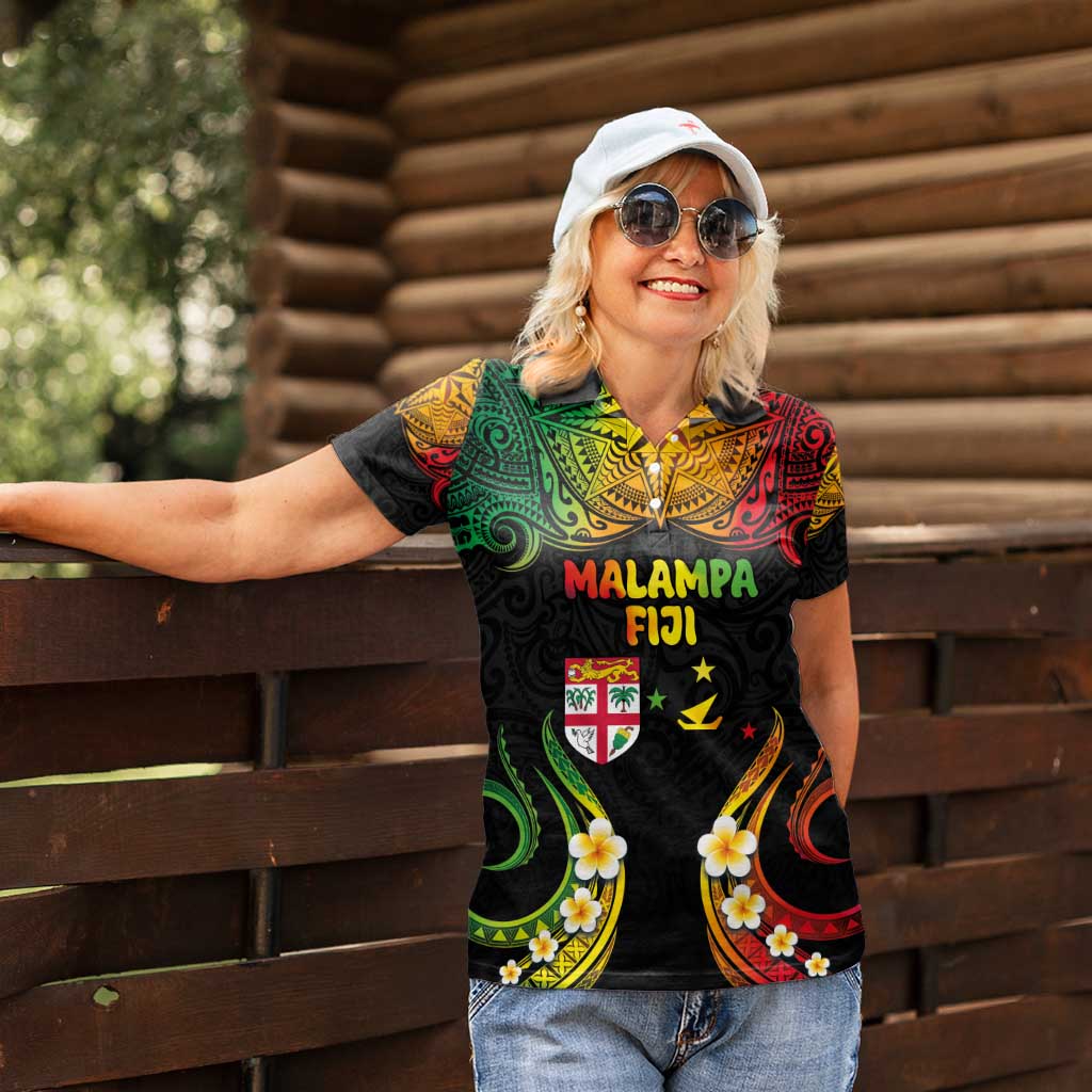 Personalised Malampa Fiji Day Women Polo Shirt Polynesian Tattoo and Plumeria Reggae Color LT03 - Polynesian Pride