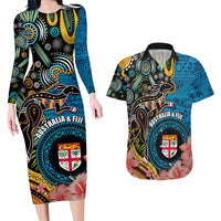 Fiji and Australia Kangaroos Couples Matching Long Sleeve Bodycon Dress and Hawaiian Shirt Indigenous Aboriginal and Fijian Masi Tribal Tattoo LT03 Blue - Polynesian Pride