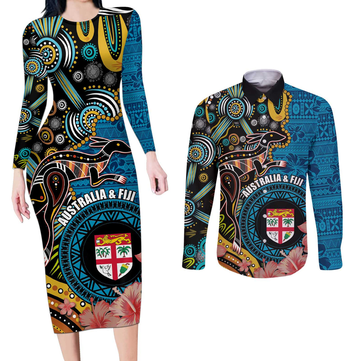 Fiji and Australia Kangaroos Couples Matching Long Sleeve Bodycon Dress and Long Sleeve Button Shirt Indigenous Aboriginal and Fijian Masi Tribal Tattoo LT03 Blue - Polynesian Pride