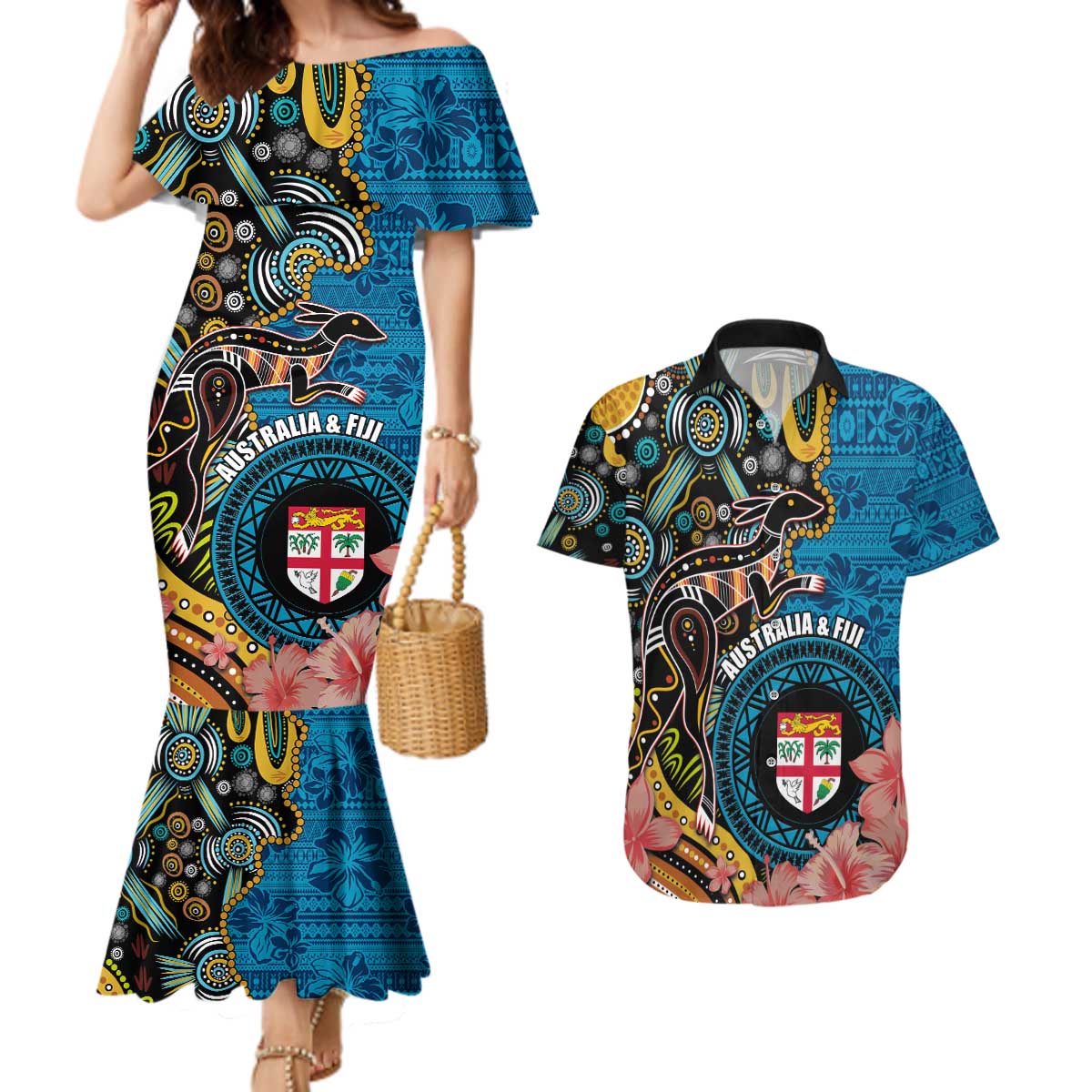 Fiji and Australia Kangaroos Couples Matching Mermaid Dress and Hawaiian Shirt Indigenous Aboriginal and Fijian Masi Tribal Tattoo LT03 Blue - Polynesian Pride