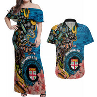 Fiji and Australia Kangaroos Couples Matching Off Shoulder Maxi Dress and Hawaiian Shirt Indigenous Aboriginal and Fijian Masi Tribal Tattoo LT03 Blue - Polynesian Pride