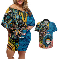 Fiji and Australia Kangaroos Couples Matching Off Shoulder Short Dress and Hawaiian Shirt Indigenous Aboriginal and Fijian Masi Tribal Tattoo LT03 Blue - Polynesian Pride