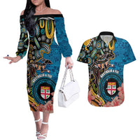Fiji and Australia Kangaroos Couples Matching Off The Shoulder Long Sleeve Dress and Hawaiian Shirt Indigenous Aboriginal and Fijian Masi Tribal Tattoo LT03 Blue - Polynesian Pride