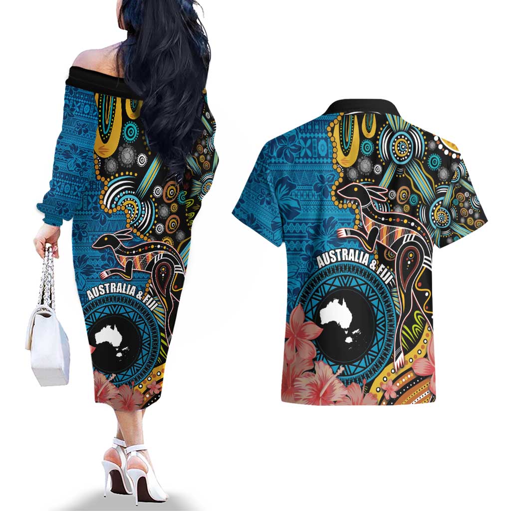 Fiji and Australia Kangaroos Couples Matching Off The Shoulder Long Sleeve Dress and Hawaiian Shirt Indigenous Aboriginal and Fijian Masi Tribal Tattoo LT03 - Polynesian Pride