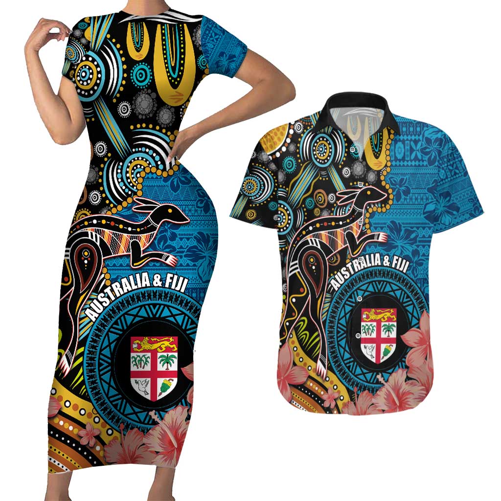 Fiji and Australia Kangaroos Couples Matching Short Sleeve Bodycon Dress and Hawaiian Shirt Indigenous Aboriginal and Fijian Masi Tribal Tattoo LT03 Blue - Polynesian Pride