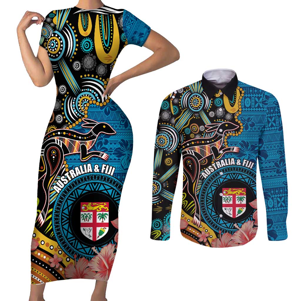 Fiji and Australia Kangaroos Couples Matching Short Sleeve Bodycon Dress and Long Sleeve Button Shirt Indigenous Aboriginal and Fijian Masi Tribal Tattoo LT03 Blue - Polynesian Pride