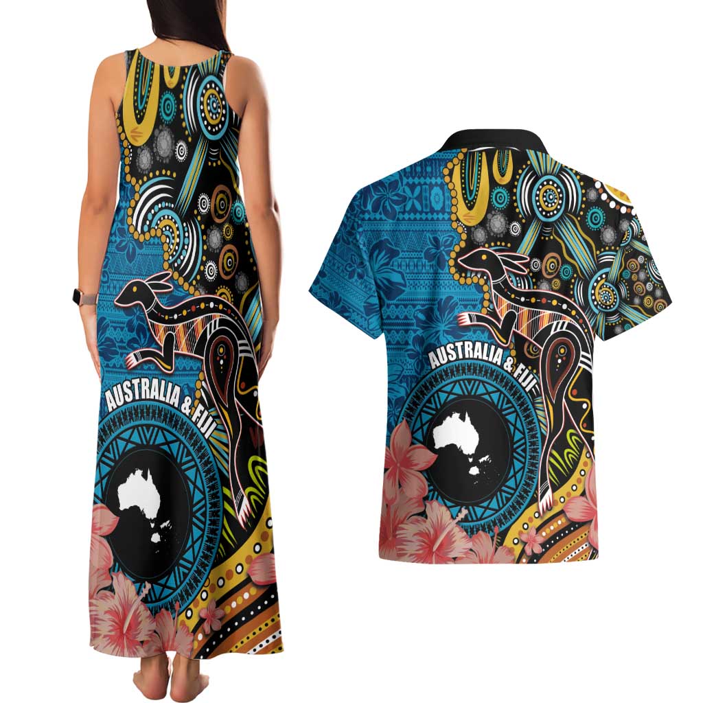 Fiji and Australia Kangaroos Couples Matching Tank Maxi Dress and Hawaiian Shirt Indigenous Aboriginal and Fijian Masi Tribal Tattoo LT03 - Polynesian Pride