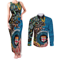Fiji and Australia Kangaroos Couples Matching Tank Maxi Dress and Long Sleeve Button Shirt Indigenous Aboriginal and Fijian Masi Tribal Tattoo LT03 Blue - Polynesian Pride