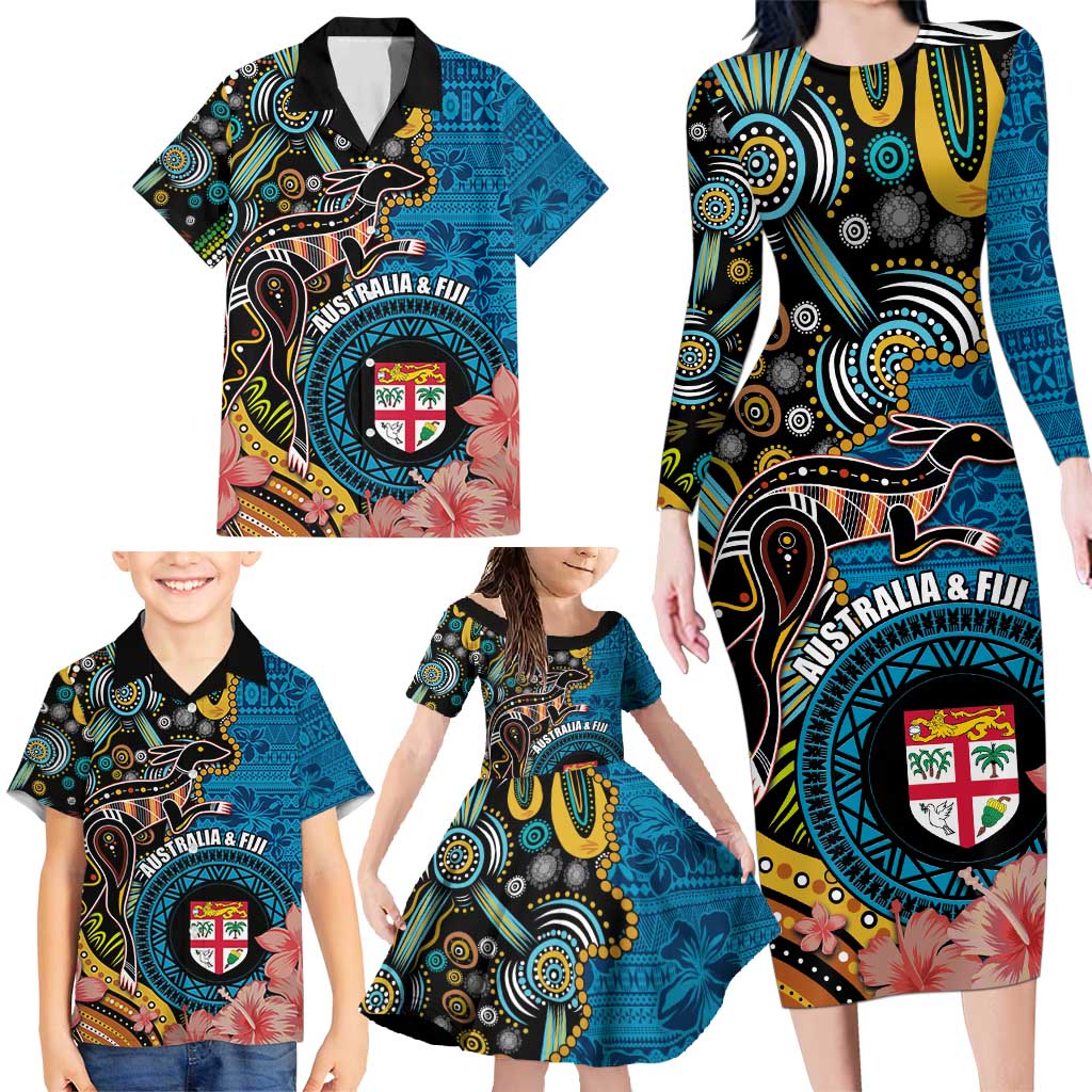 Fiji and Australia Kangaroos Family Matching Long Sleeve Bodycon Dress and Hawaiian Shirt Indigenous Aboriginal and Fijian Masi Tribal Tattoo LT03 - Polynesian Pride