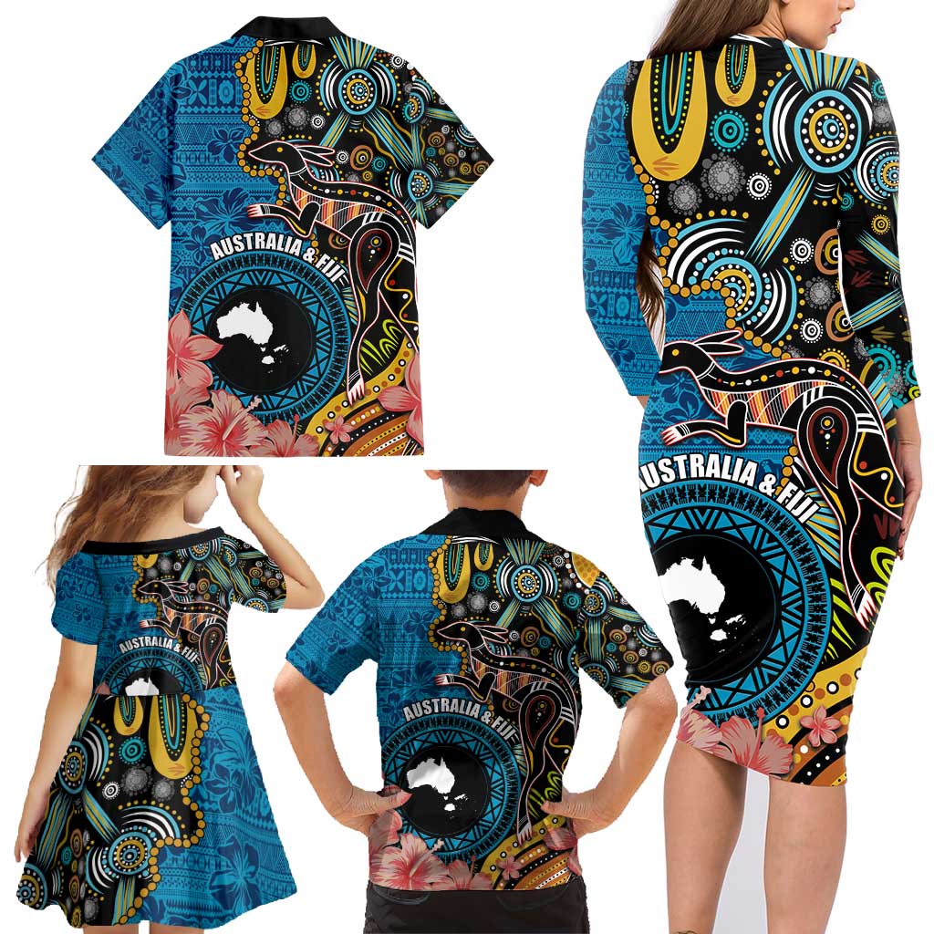 Fiji and Australia Kangaroos Family Matching Long Sleeve Bodycon Dress and Hawaiian Shirt Indigenous Aboriginal and Fijian Masi Tribal Tattoo LT03 - Polynesian Pride