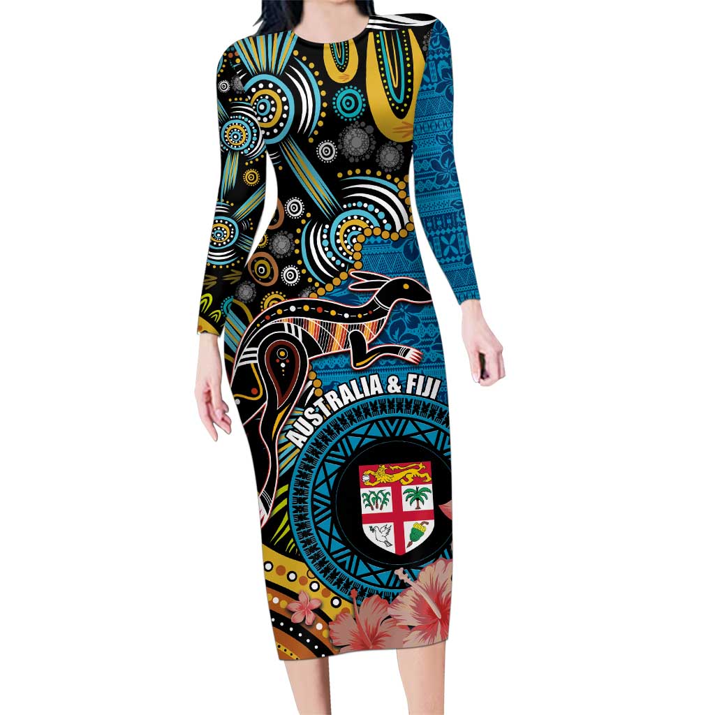 Fiji and Australia Kangaroos Family Matching Long Sleeve Bodycon Dress and Hawaiian Shirt Indigenous Aboriginal and Fijian Masi Tribal Tattoo LT03 Mom's Dress Blue - Polynesian Pride