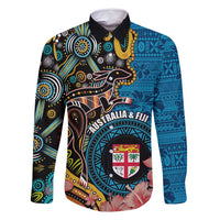Fiji and Australia Kangaroos Family Matching Mermaid Dress and Hawaiian Shirt Indigenous Aboriginal and Fijian Masi Tribal Tattoo LT03 Dad's Shirt - Long Sleeve Blue - Polynesian Pride