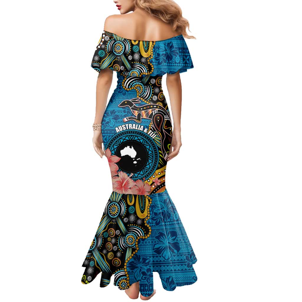 Fiji and Australia Kangaroos Family Matching Mermaid Dress and Hawaiian Shirt Indigenous Aboriginal and Fijian Masi Tribal Tattoo LT03 - Polynesian Pride
