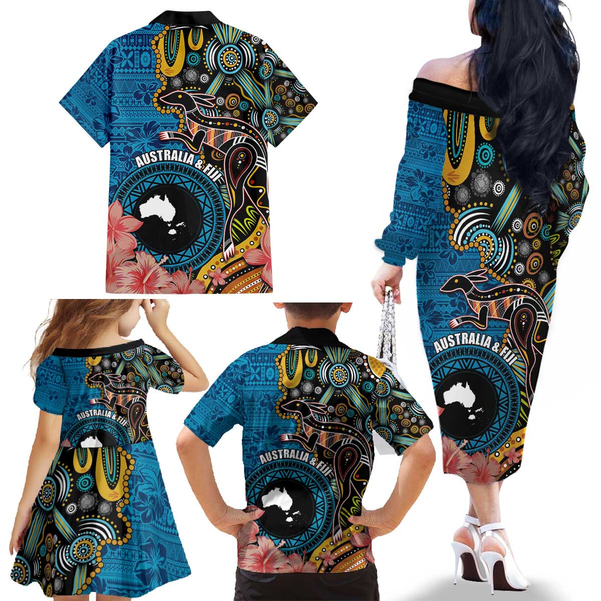 Fiji and Australia Kangaroos Family Matching Off The Shoulder Long Sleeve Dress and Hawaiian Shirt Indigenous Aboriginal and Fijian Masi Tribal Tattoo LT03 - Polynesian Pride