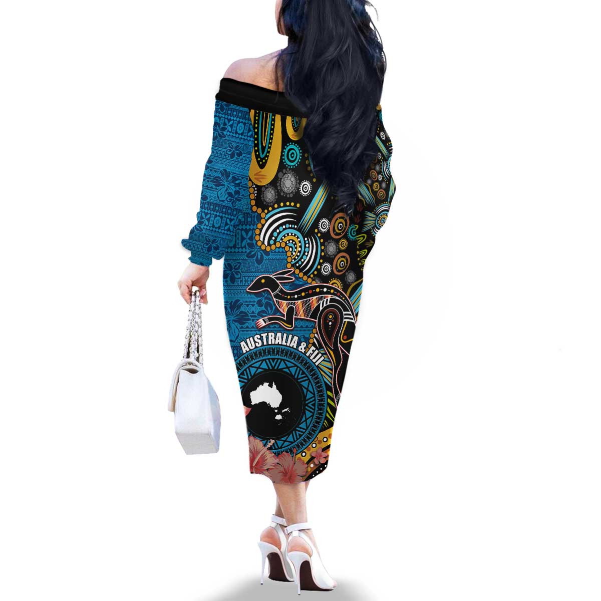 Fiji and Australia Kangaroos Family Matching Off The Shoulder Long Sleeve Dress and Hawaiian Shirt Indigenous Aboriginal and Fijian Masi Tribal Tattoo LT03 - Polynesian Pride