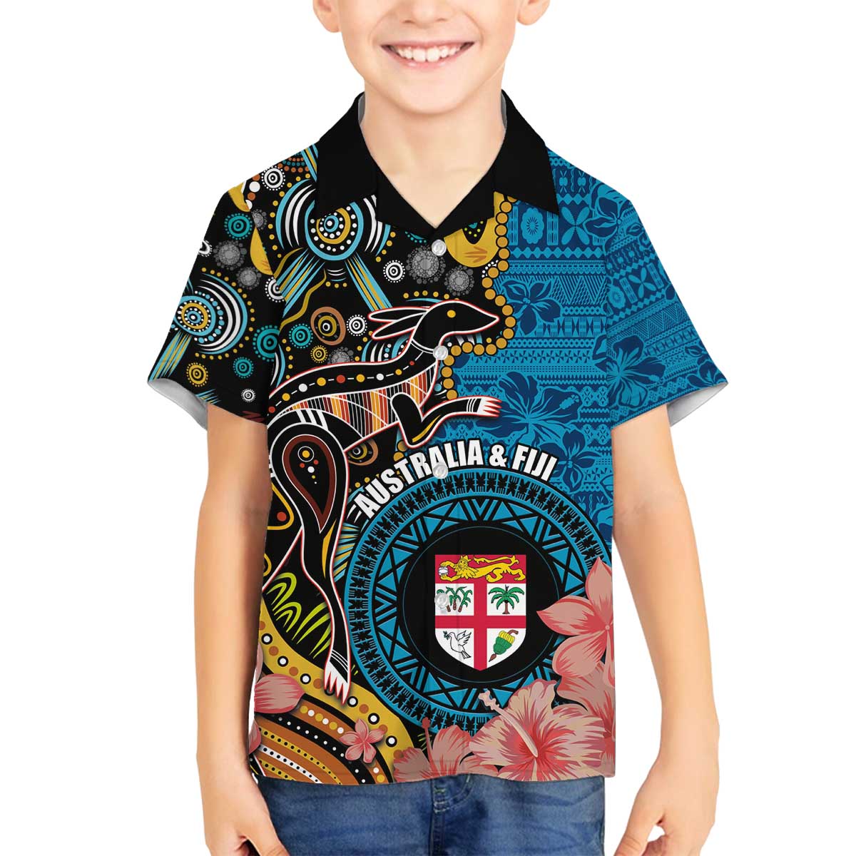 Fiji and Australia Kangaroos Family Matching Off The Shoulder Long Sleeve Dress and Hawaiian Shirt Indigenous Aboriginal and Fijian Masi Tribal Tattoo LT03 Son's Shirt Blue - Polynesian Pride