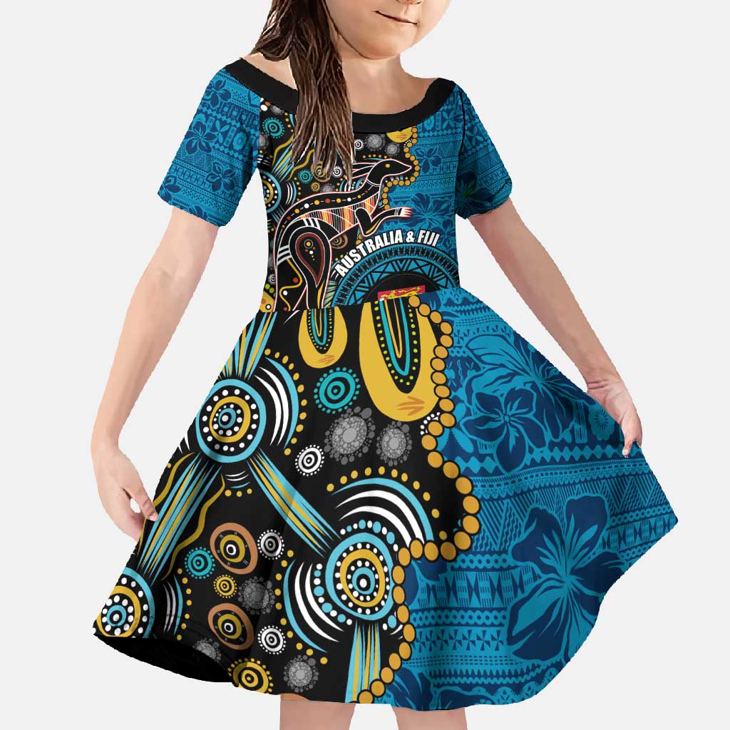 Fiji and Australia Kangaroos Family Matching Off Shoulder Maxi Dress and Hawaiian Shirt Indigenous Aboriginal and Fijian Masi Tribal Tattoo LT03 Daughter's Dress Blue - Polynesian Pride