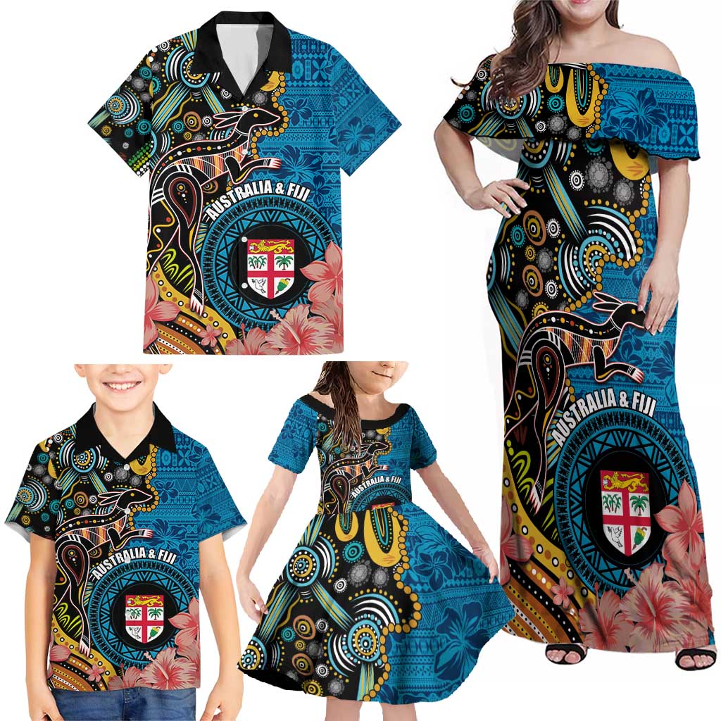 Fiji and Australia Kangaroos Family Matching Off Shoulder Maxi Dress and Hawaiian Shirt Indigenous Aboriginal and Fijian Masi Tribal Tattoo LT03 - Polynesian Pride