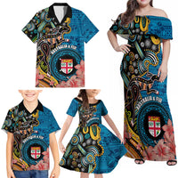 Fiji and Australia Kangaroos Family Matching Off Shoulder Maxi Dress and Hawaiian Shirt Indigenous Aboriginal and Fijian Masi Tribal Tattoo LT03 - Polynesian Pride