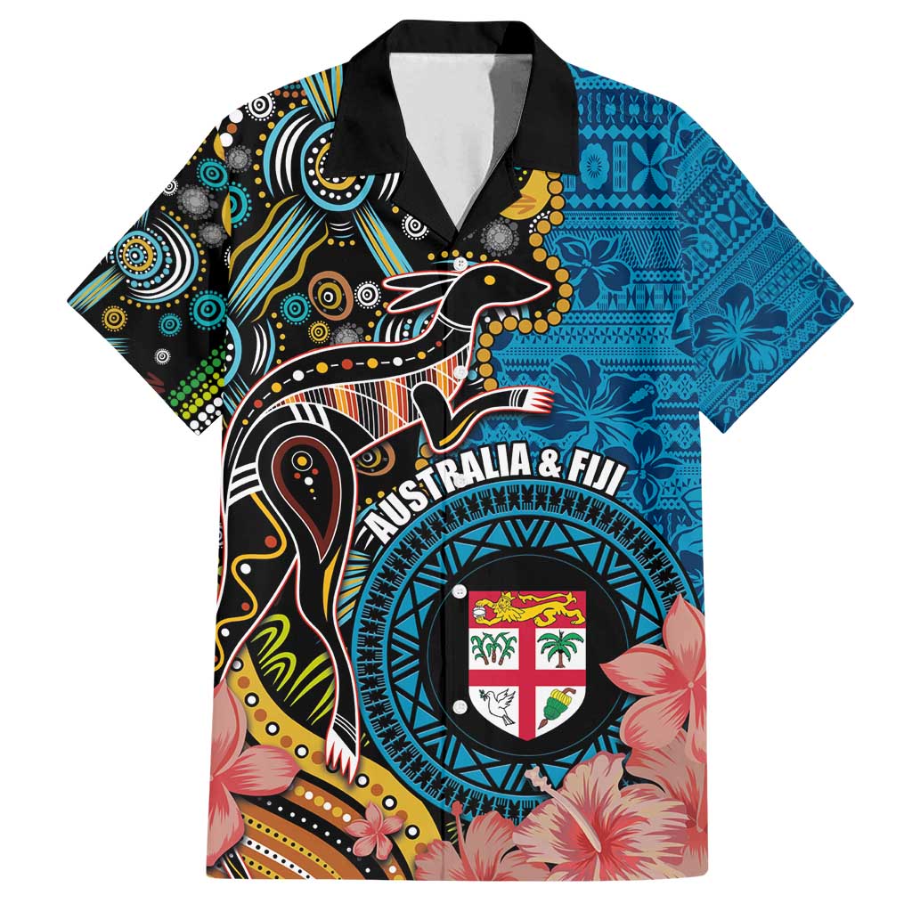 Fiji and Australia Kangaroos Family Matching Off Shoulder Maxi Dress and Hawaiian Shirt Indigenous Aboriginal and Fijian Masi Tribal Tattoo LT03 Dad's Shirt - Short Sleeve Blue - Polynesian Pride