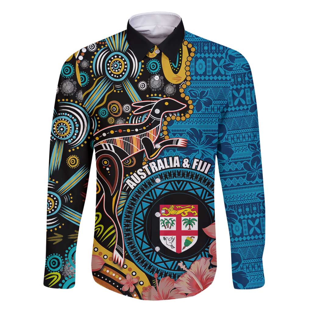 Fiji and Australia Kangaroos Family Matching Off Shoulder Maxi Dress and Hawaiian Shirt Indigenous Aboriginal and Fijian Masi Tribal Tattoo LT03 Dad's Shirt - Long Sleeve Blue - Polynesian Pride