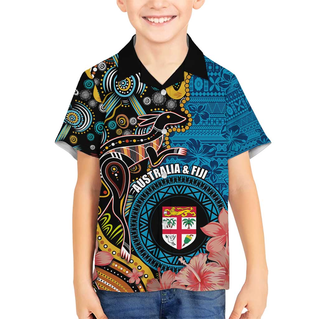 Fiji and Australia Kangaroos Family Matching Off Shoulder Maxi Dress and Hawaiian Shirt Indigenous Aboriginal and Fijian Masi Tribal Tattoo LT03 Son's Shirt Blue - Polynesian Pride