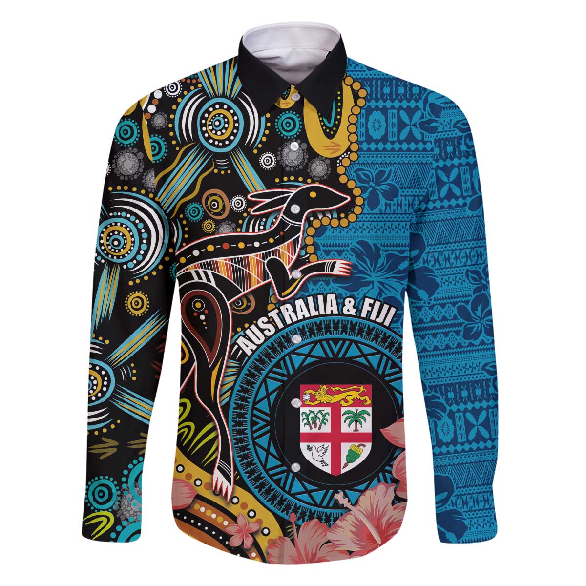 Fiji and Australia Kangaroos Family Matching Off Shoulder Short Dress and Hawaiian Shirt Indigenous Aboriginal and Fijian Masi Tribal Tattoo LT03 Dad's Shirt - Long Sleeve Blue - Polynesian Pride