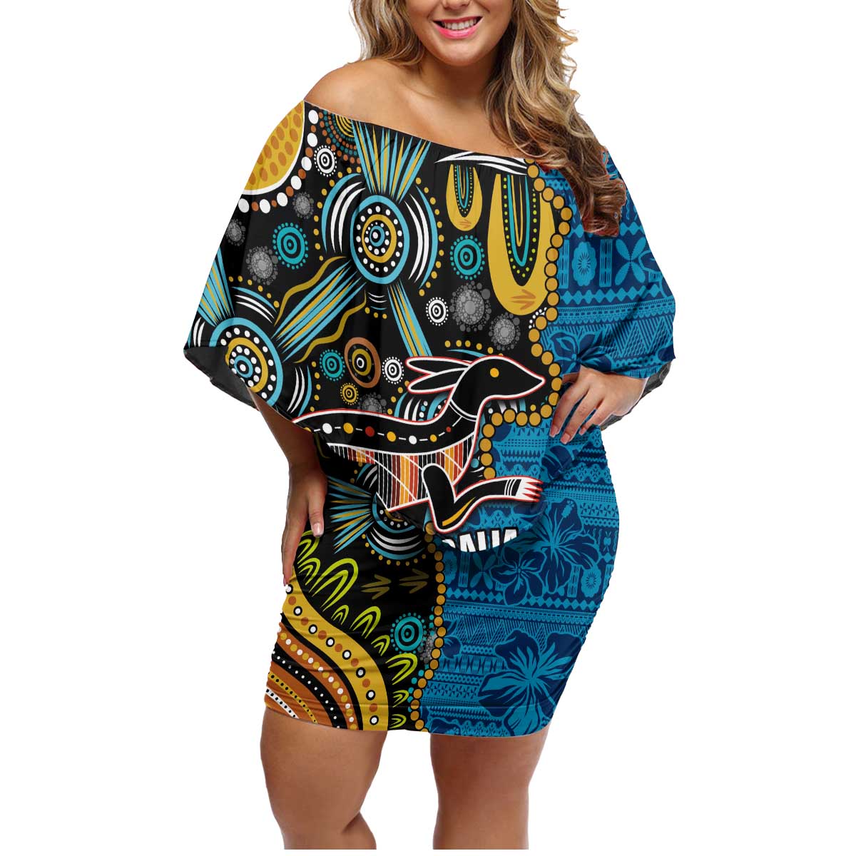 Fiji and Australia Kangaroos Family Matching Off Shoulder Short Dress and Hawaiian Shirt Indigenous Aboriginal and Fijian Masi Tribal Tattoo LT03 Mom's Dress Blue - Polynesian Pride
