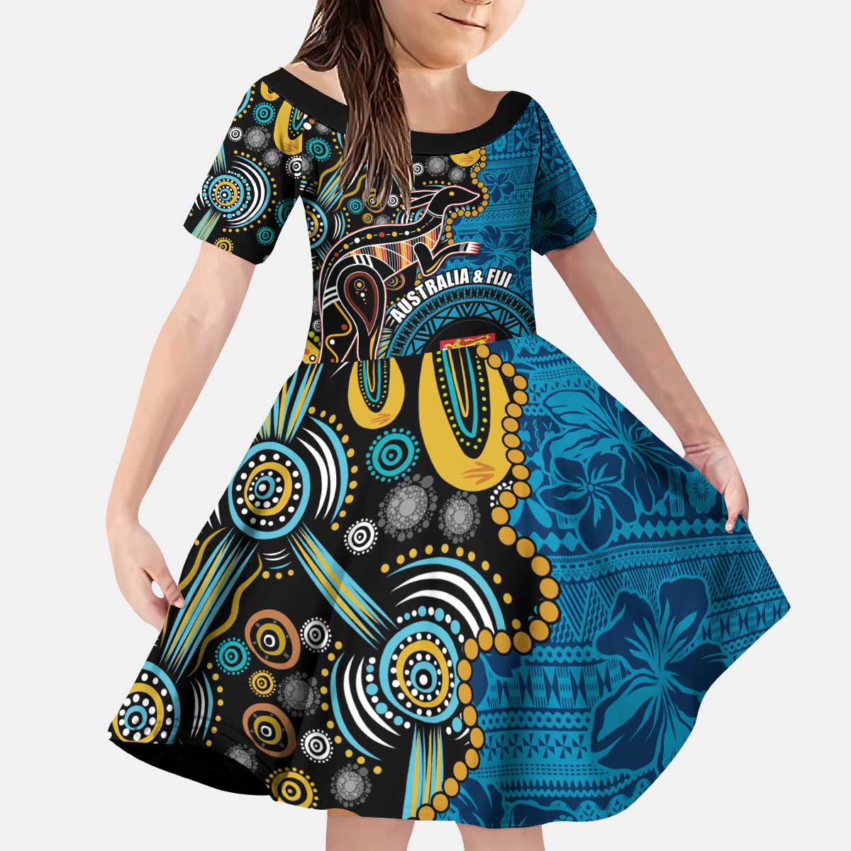 Fiji and Australia Kangaroos Family Matching Puletasi and Hawaiian Shirt Indigenous Aboriginal and Fijian Masi Tribal Tattoo LT03 Daughter's Dress Blue - Polynesian Pride